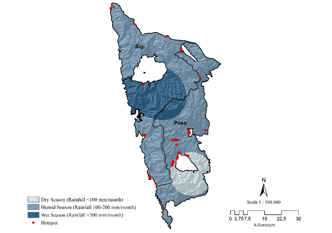 Figure 3 Distribution of hotspots based on rainfall in LLNP